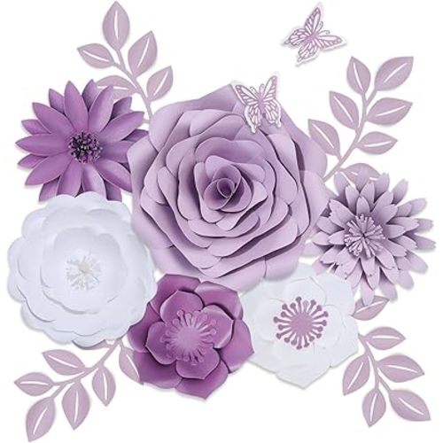 3D Purple Roses Artificial Flowers, Giant Paper Flowers Decorations for Wall, Leaves Wall Decor, Elegant Butterfly Stickers Decor Nursery, Party Backdrop, Baby Shower Décor (14 Piece)