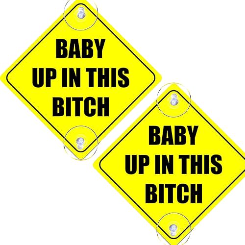 2PCS Baby Up in This B Car with Suction Cups, 5"x5" Reusable Baby on Board Sticker, Baby Safety Warning Decal for Cars