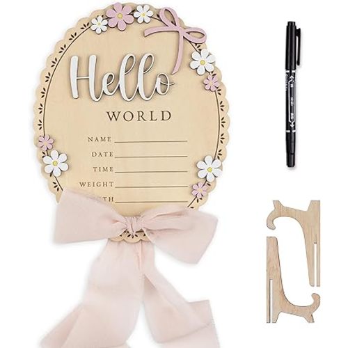 Baby Announcement Sign with Stand & Marker – Hello World Wooden Name Plaque for Newborn Photoshoot, Baby Shower, Rustic Keepsake Birth Stat Sign for Hospital Birth Announcement (Light pink ribbon)