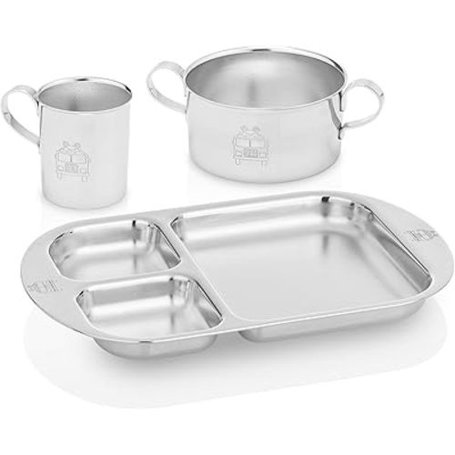 Children's Premium Stainless Steel Dinnerware Set |1 Bowl with Handles, 1 Cup with Handle & 1 Divided Plate | Fun Fire Truck Design | | Ideal for Babies,Toddlers & Kids | by Kiddobloom
