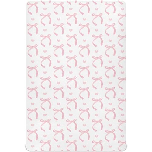 Aslsiy Cute Coquette Pink Bow Fitted Crib Sheet for Baby White Nursery Mattress Sheets Playard Sheet Stretchy Mini Crib 52x28in