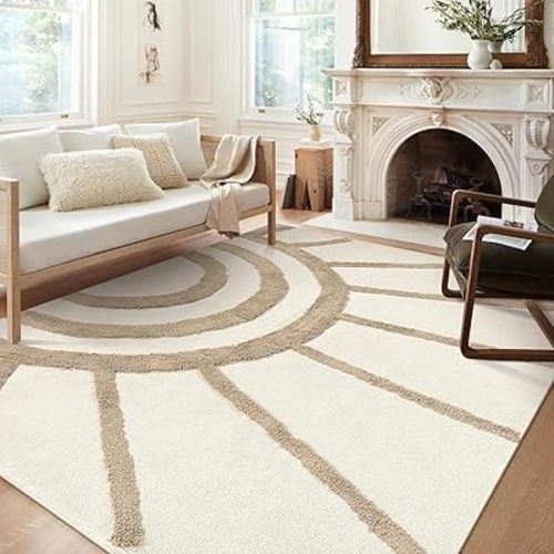 OJIA Boho Area Rug 5'x8', Washable Tufted Living Room Rugs Soft Bedroom Rug Nursery Rug, Farmhouse Cotton Woven Tan Floor Carpet Rugs for Dorm/Kids Room/Nursery/Classroom/Office