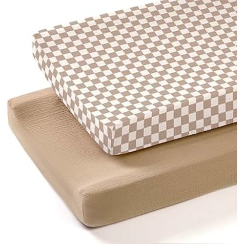 lulumoon Muslin Changing Pad Cover: 2-Pack Soft Breathable Cotton Vintage Plaid Print for Baby Boys Girls - Nursery & Baby Shower