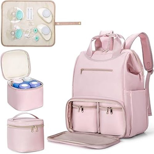 Fasrom Wearable Breast Pump Bag Backpack with Cooler and Pump Tote Bag, Compatible with Momcozy, Medela and Elvie Hands Free Pumps, Pink (Patent Design)