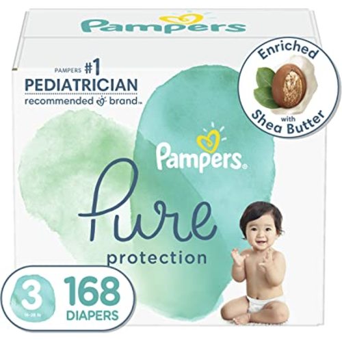 Diapers Size 3, 168 Count - Pampers Pure Protection Hypoallergenic Disposable Baby Diapers for Sensitive Skin, Fragrance Free, ONE Month Supply (Packaging May Vary) - 1 Month Supply