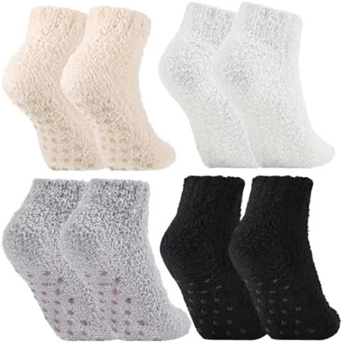 Foaincore 4 Pack Non Slip Hospital Socks for Women Men Non Slip Ankle Fuzzy Socks Thick Warm Festival Gifts