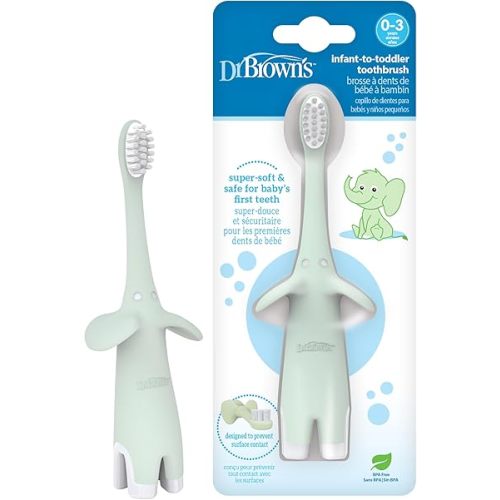 Dr. Brown's Infant-to-Toddler Toothbrush, Soft and Safe Baby Training Brush, Elephant, Mint, 0-3 years (Styles May Vary)