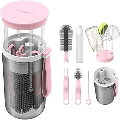 Travel Baby Bottle Brush Set with Extendable Liquid Silicone Bottle Brush,Nipple Brush,Built-in Bottle Drying Rack,Straw Cleaner Brush,Baby Bottle Soap Dispenser,Bottle Warmer (Pink)