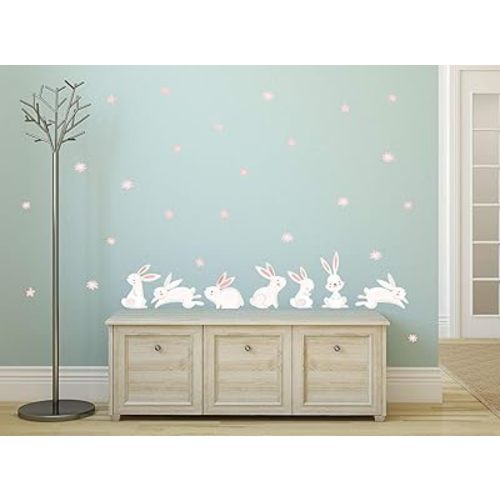 Sunny Decals Cute Bunny Rabbits and Flowers Removable Fabric Wall Stickers (Set of 7 Bunnies and 24 Flowers, Multicolor)
