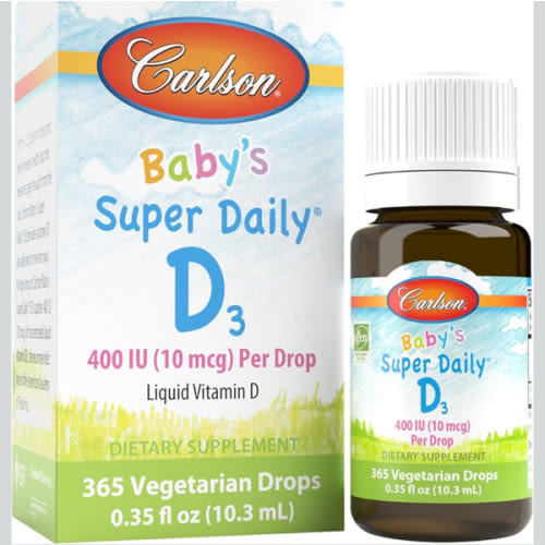 Carlson - Baby's Super Daily D3, Baby Vitamin D Drops, 400 IU (10 mcg) per Drop, 1-Year Supply, Vegetarian, Liquid Vitamin D for Infants and Toddlers, Unflavored, 365 Drops