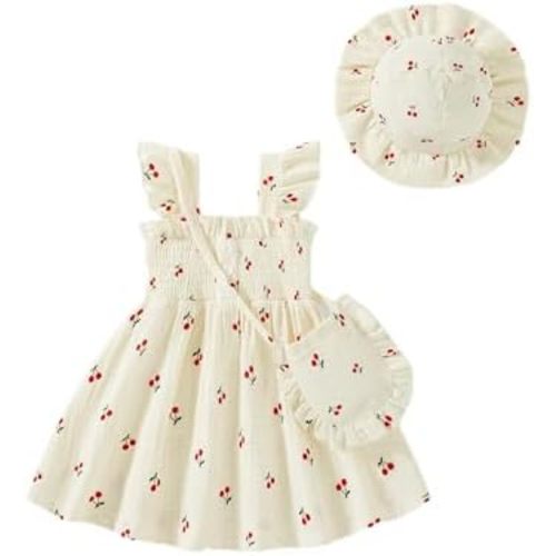 Vibebox Baby Girl Ruffle Sleeveless Dresses Newborn Girls Summer Button Dress Birthday Gifts Clothes with Cute Hat and Bag