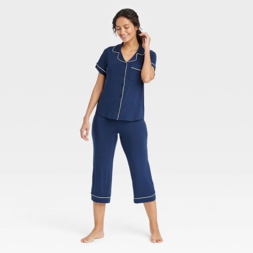 Women's Cloud Knit Short Sleeve Notch Collar Top And Cropped Pants Pajama Set - Auden™ Navy Blue S