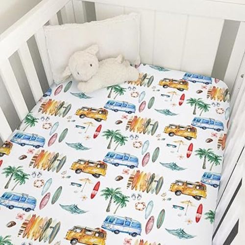 Watercolor Boho Surf Baby Crib Sheets 52''x28'' Colorful Surfboard Bus Palm Trees Waves Summer Stretchy Fitted Crib Mattress Cover for Boy Girl Soft Baby Sheets for Standard Crib and Toddler Mattress