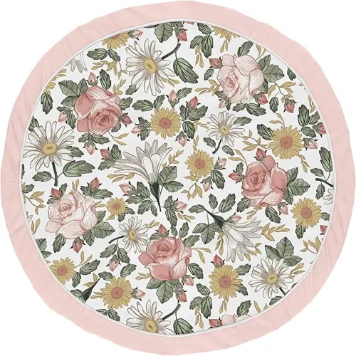 Sweet Jojo Designs Vintage Floral Girl Baby Playmat Tummy Time Infant Play Mat - Blush Pink, Yellow, and Green Boho Shabby Chic Rose Flower Farmhouse