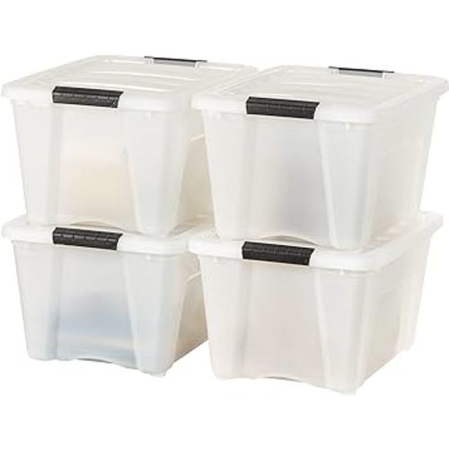 IRIS USA 32 Qt Stackable Plastic Storage Bins with Lids, 4 Pack - BPA-Free, Made in USA - Discreet Organizing Solution, Latches, Durable Nestable Containers, Secure Pull Handle - Pearl