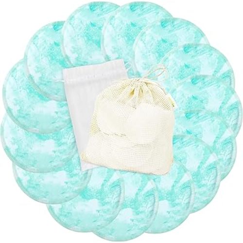 wegreeco Nursing Breast Pads (14 Pack) + Laundry Bag & Travel Storage Bag, 4.7 inch - Washable & Reusable Breastfeeding Nursing Pads (Plain Shape, Blue Wave, Large)