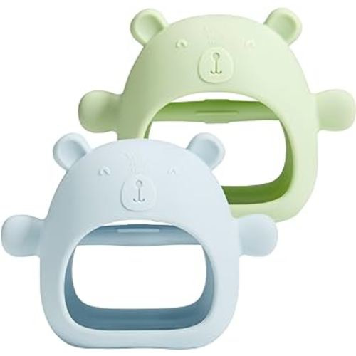 HARPPA 2 Pack Bear Baby Teething Toys, Never Drop Silicone Teethers for Babies Over 3 Months, Soothing Pain Relief, Teether Toys for Newborns Sucking Needs, BPA Free (Blue and Mint)