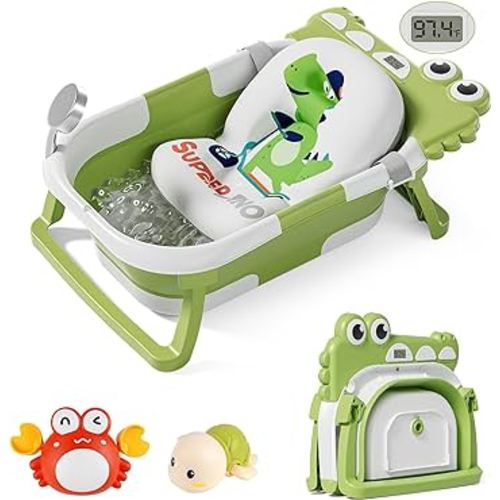 TPN Collapsible Baby Bathtub for Infants to Toddler with Real-time Temp Monitor+Floating Cushion,Foldable Baby Bath Tub Set Applicable 0-36 Month,Perfect Portable Travel Baby Tub for Newborns Boy