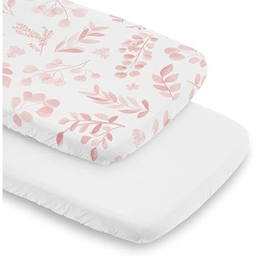 Sweet Jojo Designs Boho Floral Leaf Girl Baby Bassinet Sheets Fitted Sheet Set Infant Newborn Nursery Oval Rectangle Hourglass Mattress 2p White Blush Pink Chic Bohemian Watercolor Botanical Woodland