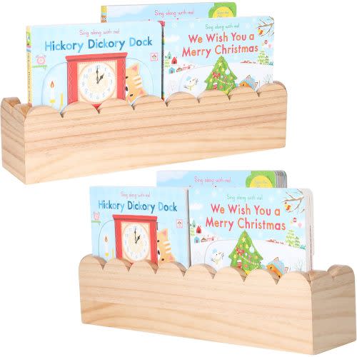 Scalloped Shelves | Set of 2 Reversible Natural Wood Floating Shelves for Nursery or Kids Room – Adorable & Customizable Book Storage for Kids | 15.7 x 3.5 Inch Neutral Nursery Decor