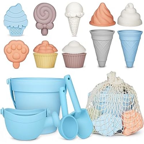 MarcZero 17Pcs Silicone Beach Toys,Modern Baby Beach Toys,Travel Friendly Beach Set,Silicone Bucket, Watering Can, Shovel, 12 Sand Molds, Beach Bag,Silicone Sand Toys for Toddlers, Kids (Light Blue)
