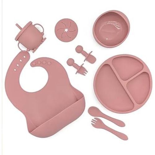 DaBabyBübü Baby Silicone Feeding Set, First Stage Toddler Utensils - 8 in 1 - with Bib, Sippy Cup, Suction Bowl, Baby Fork and Spoon Sets, Divided Plate w/Suction - Baby Led Weaning Supplies (Mauve)
