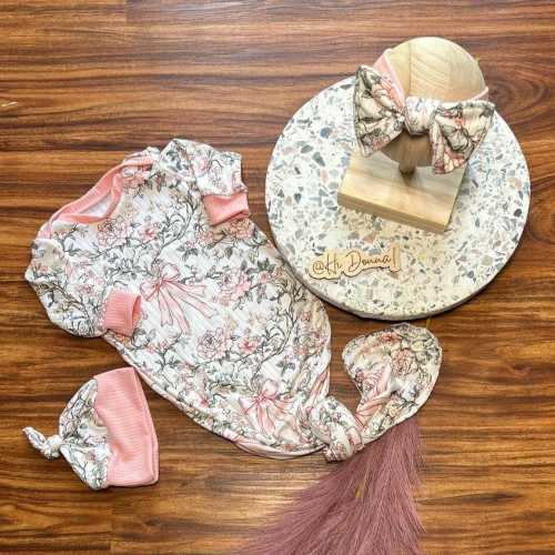 Newborn Baby Girl Knotted Gown Set – Floral Infant Sleeper with Hat & Bow Headband – Soft Cotton Coming- coquette