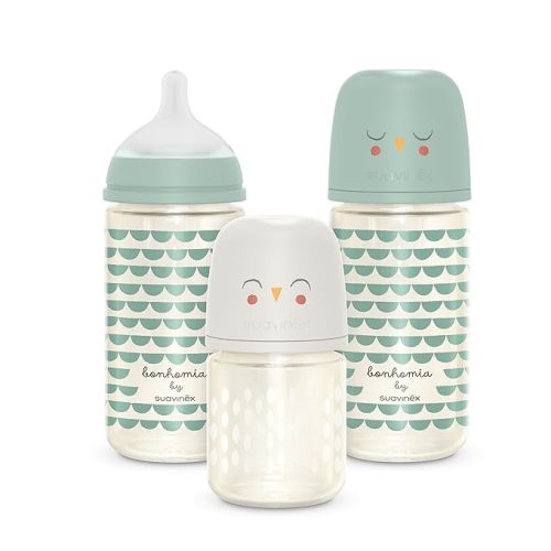 Suavinex Bonhomia Glass Baby Bottle with SX PRO Silicone Nipple, Anti Colic Baby Bottles, Baby Bottles for Breastfed Babies, 3 Pack, Mint/Beige - 4 Ounce + 8 Ounce (3 Pack)