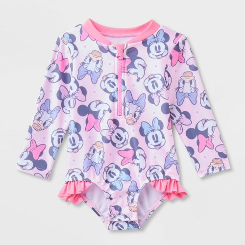 Baby Girls' Disney Minnie & Daisy Long Sleeve One Piece Rash Guard - Pink 9M