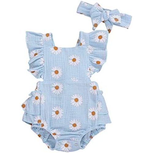 Baby Girls Floral Cotton Leotard Romper Newborn Daisy Playsuits Ruffled Sleeve Onesie Infant Jumpsuit Clothes Headband