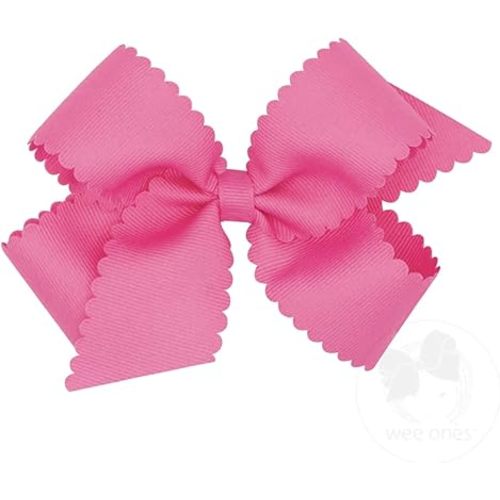 Wee Ones Girls' Classic Grosgrain Hair Bow with Scalloped Edges and Plain Wrap Center on a WeeStay Hair Clip