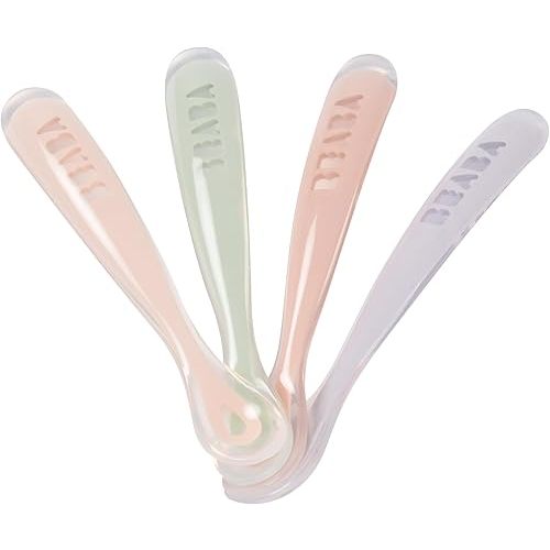 BEABA First Stage Baby Feeding Spoon Set, The Original Soft Tip Silicone Spoons for Babies, Gum Friendly BPA Lead Phthalate and Plastic Free, Great Gift Set (4 Pack), Rose
