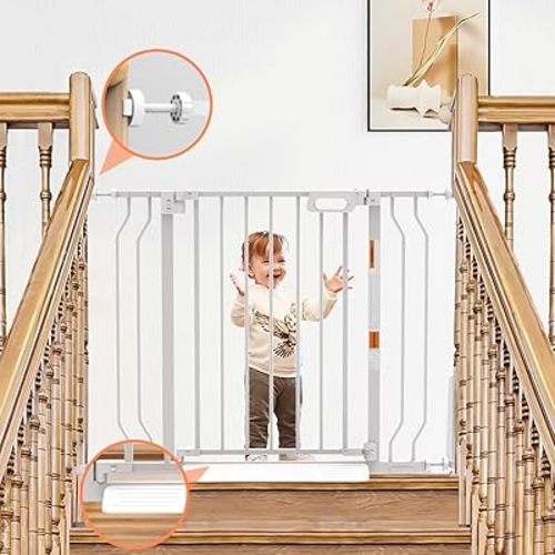 Mom's Choice-GROWNSY Baby Gate for Stairs, 29.5"-48.4" Pressure Mounted Baby Gate for Top of Stair&Doorway with V-Shaped Rods, Anti-Trip Pedal, Extra Wide Stairs Dog Gate Easy Install w/Red Reminder