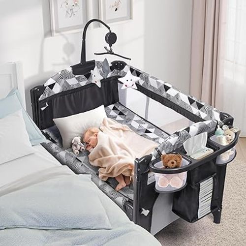 Xilingol 5-in-1 Baby Bassinet Bedside Sleeper, Baby Pack and Play with Changing Table, Portable Baby Crib with Carry Bag, Cosleeper Bassinet Attach to Bed for Newborn to Toddlers