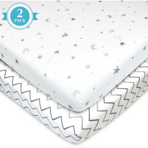American Baby Co. Cotton Jersey Knit Fitted Mini Crib Sheet, White Stars/Zigzag 2pk