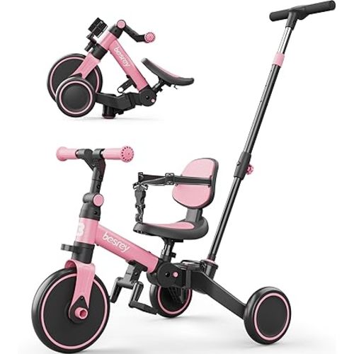 besrey 5 in 1 Toddler Bike, Toddler Tricycle for 1-3 Year Old, Trike with Push Handle, Backrest and Safety Belt, Birthday Gifts and Toys for Boys and Girls, Balance Bike