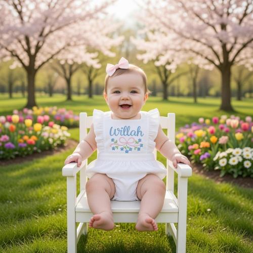 Personalized Baby Girl Bubble Romper | Embroidered Name, Floral Bow, Spring Outfit