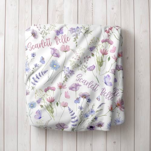 WILDFLOWER Baby Swaddle Blanket, Personalized Girl Name Blanket, Custom Toddler Girl Gift, Wild Flower Nursery, Butterfly Gift For Baby Girl