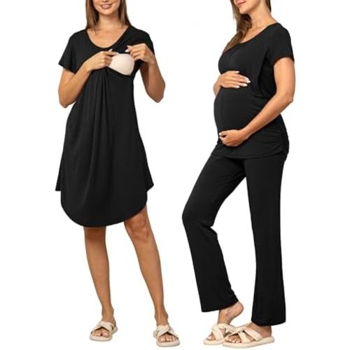 SUNNYBUY Women 3 PCS Maternity Nursing Nightgown Dress & Short Sleeve Breastfeeding Top & Pregnancy Pants Sleepwear Set