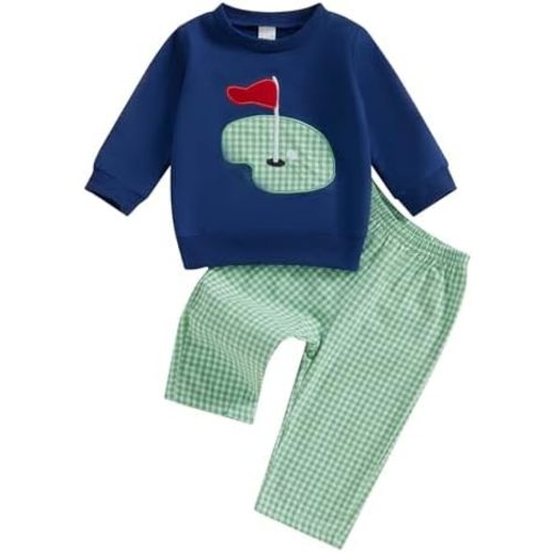 SAYOO Toddler Baby Boy Golf Outfit Hole in One Embroidery Sweatshirts Top Plaid Long Pants Set 2Pcs Golf Theme Fall Clothes