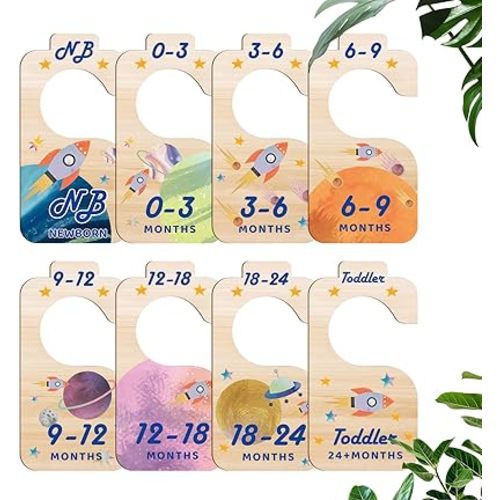 Baby Wardrobe Dividers Clothes Organizer - Set of 8 Rocket Space Wood Reversible Baby Clothing Size Hanger Organizers Perfect for Kids Room Decor from Newborn to 24 Months