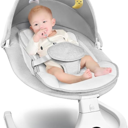 Electric Baby Swing for Infants to Toddler| Portable Infant Swing with Remote Control, Rocker with 5 Speeds, 3-Point Harness for Baby Boy Girl (Light Grey)
