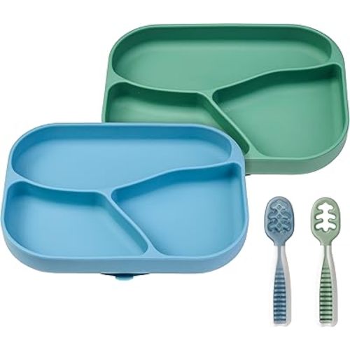 NumNum Silicone Toddler Suction Plates for Baby - 100% Food Grade Divided Plate w/Easy Release Tab, BPA Free & Dishwasher Safe - Non-Slip Dishes for High Top, Dining Table - Blue/Green + 2 Gootensils