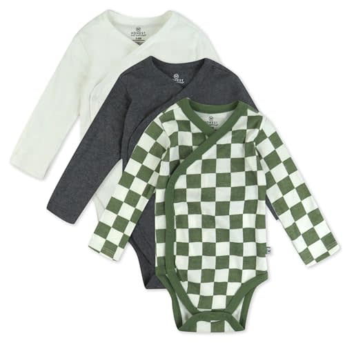 HonestBaby unisex-baby 3-pack Long Sleeve Side-snap Kimono Bodysuits Organic Cotton for Infant Baby Boys, Girls, Unisex