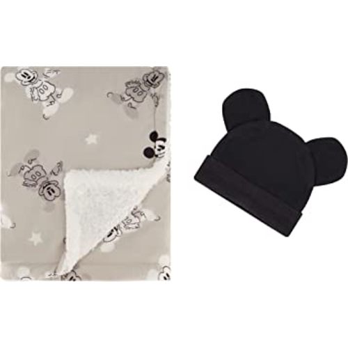 Disney Fuzzy Mink Baby Blanket, Double Sided Ultra-Soft and Plush Mink and Sherpa Newborn Throw, Measures 30x40 Inches, includes Matching Infant Cap Hat