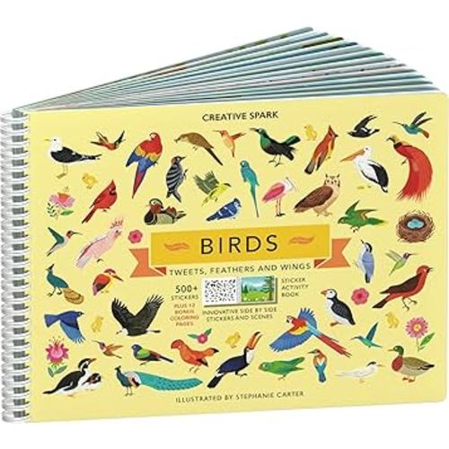 Bird Stickers + Coloring book for Kids by Cupkin: Innovative Side by Side Bird Sticker Book - Spiral Binding Allows The Birds Sticker Books to Lay Flat - 500+ Stickers and 12 Scenes for Kids 4-8