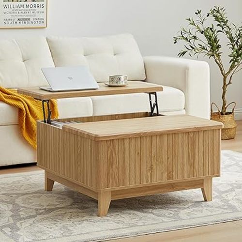 Lift Top Coffee Table, Square Coffee Table with Hidden Storage Compartment, Farmhouse Wood Center Table Dining Table for Living Room, Bedroom, Home Office (Natural)