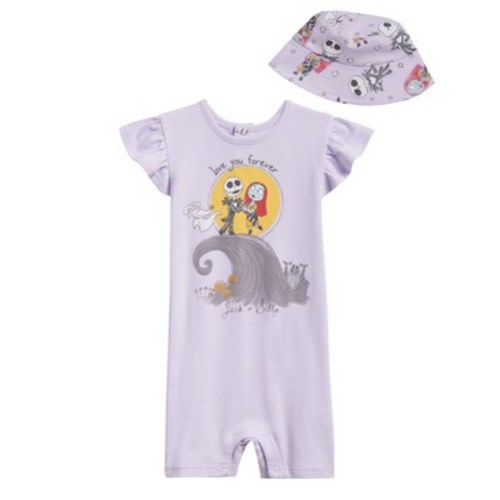 Disney Minnie Mouse Winnie the Pooh Nightmare Before Christmas Baby Girls Snap Romper and Bucket Sun Hat Newborn to Infant, Color: Purple, Size: 6-9 months