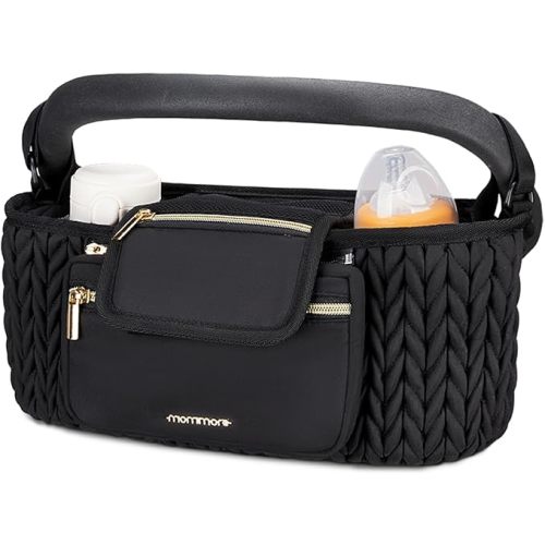 mommore Stroller Organizer with Insulated Cup Holders, Adjustable Stroller Caddy with Detachable Phone Bag, Stroller Accessories Fits for Uppababy, Doona, Jogger, Britax (Black)