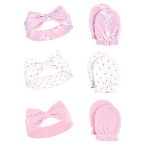Hudson Baby Infant Girls Cotton Headband and Scratch Mitten 6pc Set, Unicorn, 0-6 Months